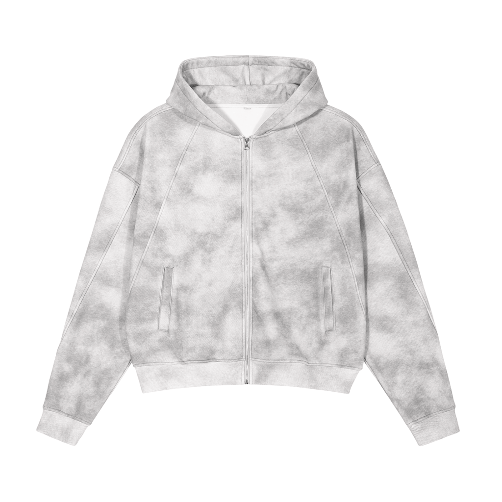 Dirty Washed Boxy Zip - up Fleece Hoodie - IVORYFLOW