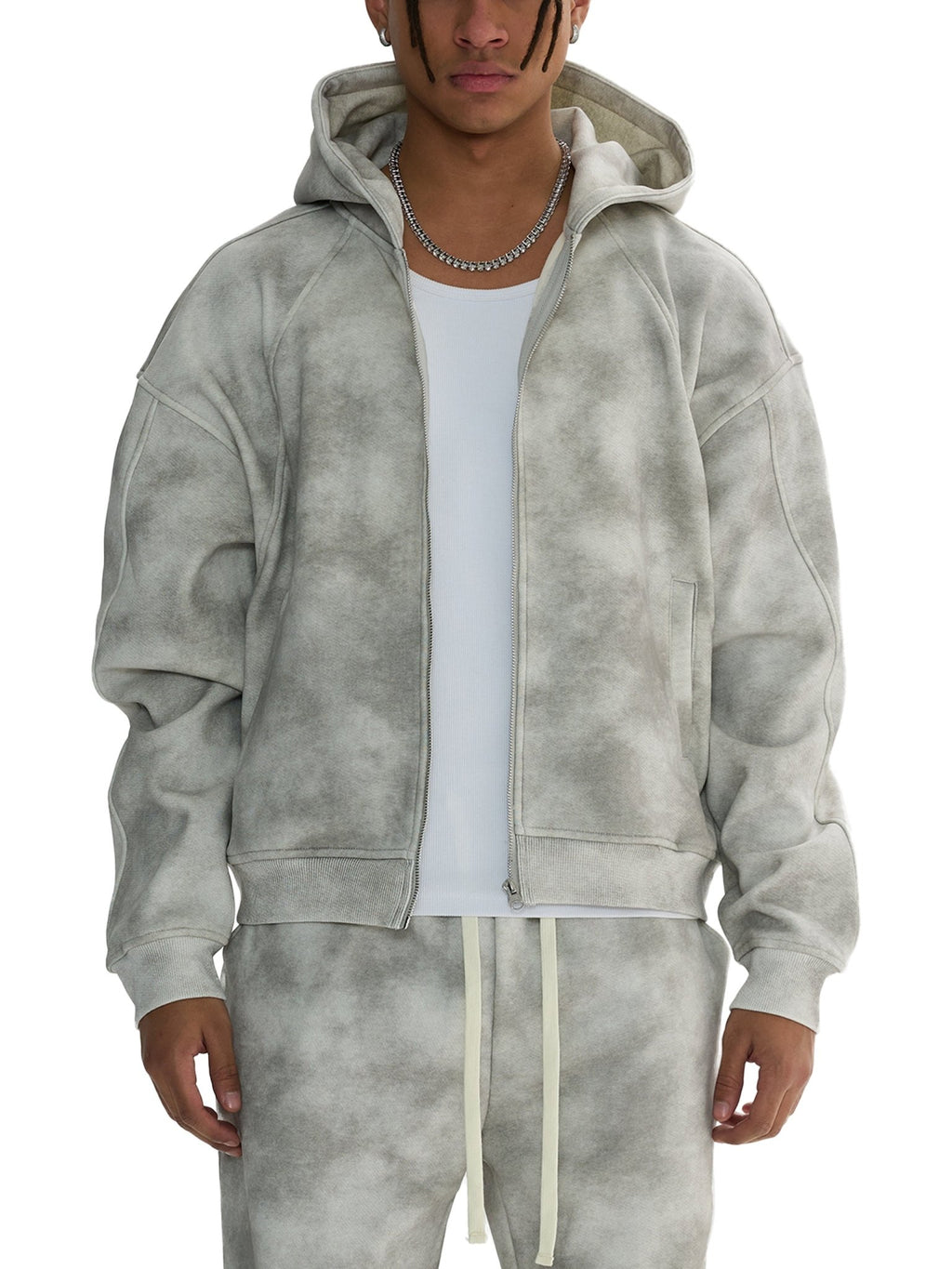 Dirty Washed Boxy Zip - up Fleece Hoodie - IVORYFLOW