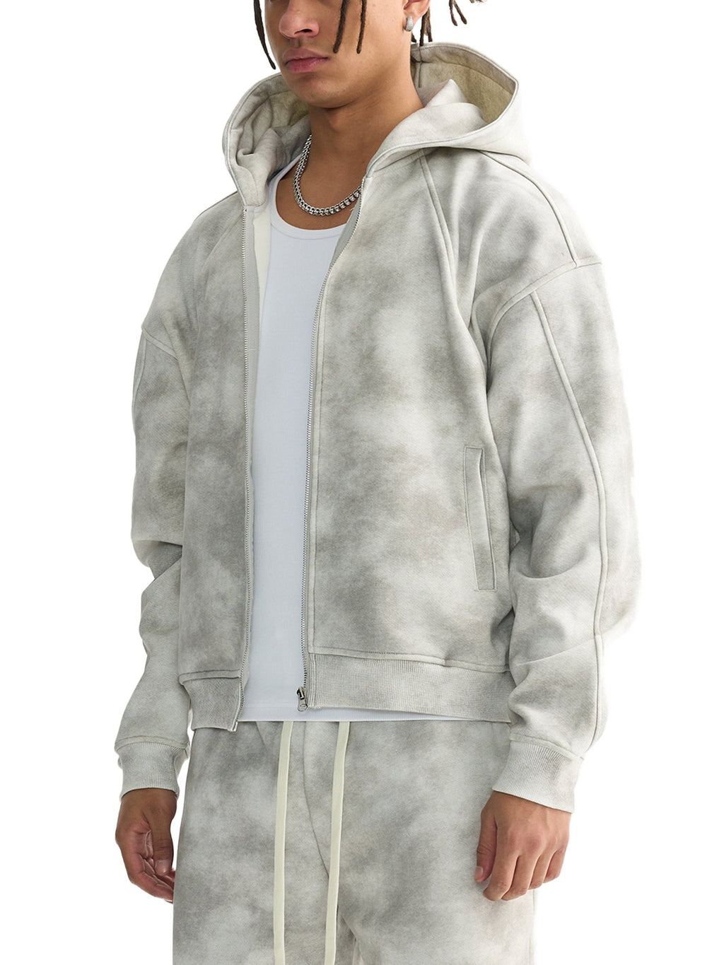 Dirty Washed Boxy Zip - up Fleece Hoodie - IVORYFLOW