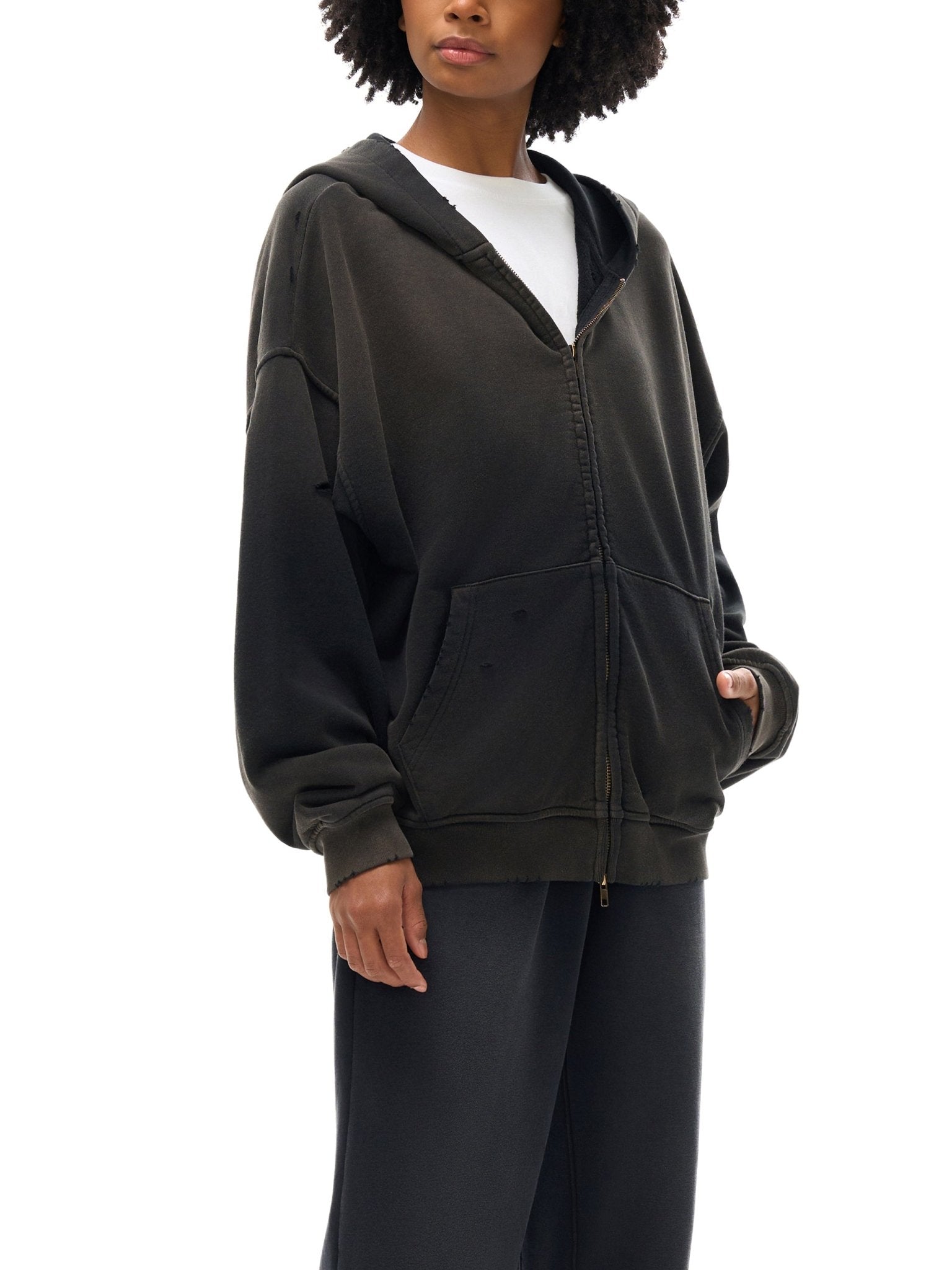 Hand - Frayed Sunfade Zip Hoodie - IVORYFLOW