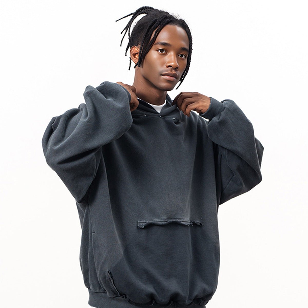 Reverse Pocket Design Distressed Hoodie(440GSM) - IVORYFLOW