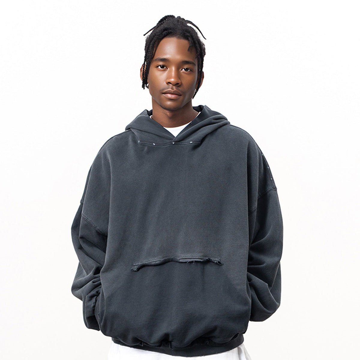 Reverse Pocket Design Distressed Hoodie(440GSM) - IVORYFLOW